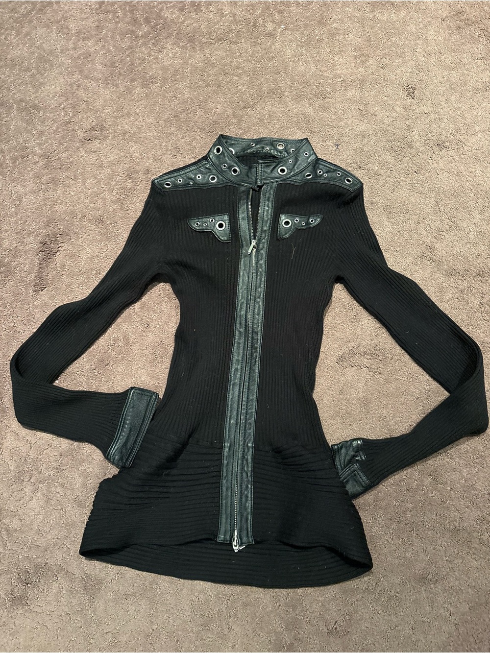 Black Ribbed Zip-Up Sweater Jacket with Grommet Detail